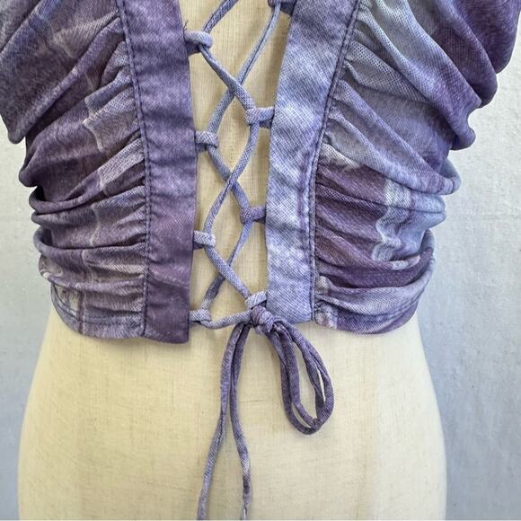 Urban Outfitters Ruched Lace-Up Mesh Tank Top Denim Jeans Print Size Medium - Picture 3 of 16